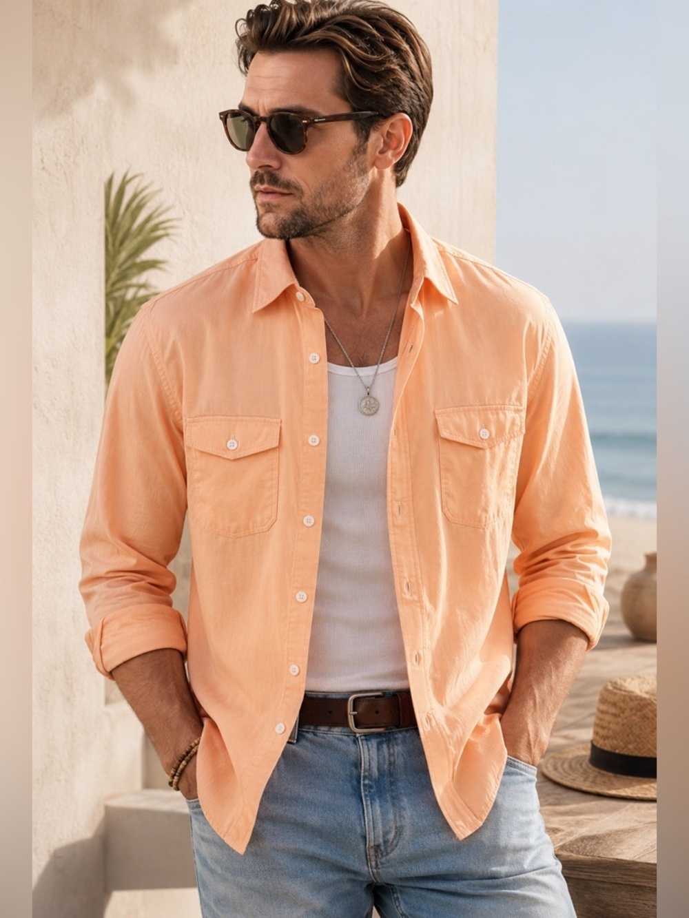 Express Light Orange Peach Button-Up Utility Shirt